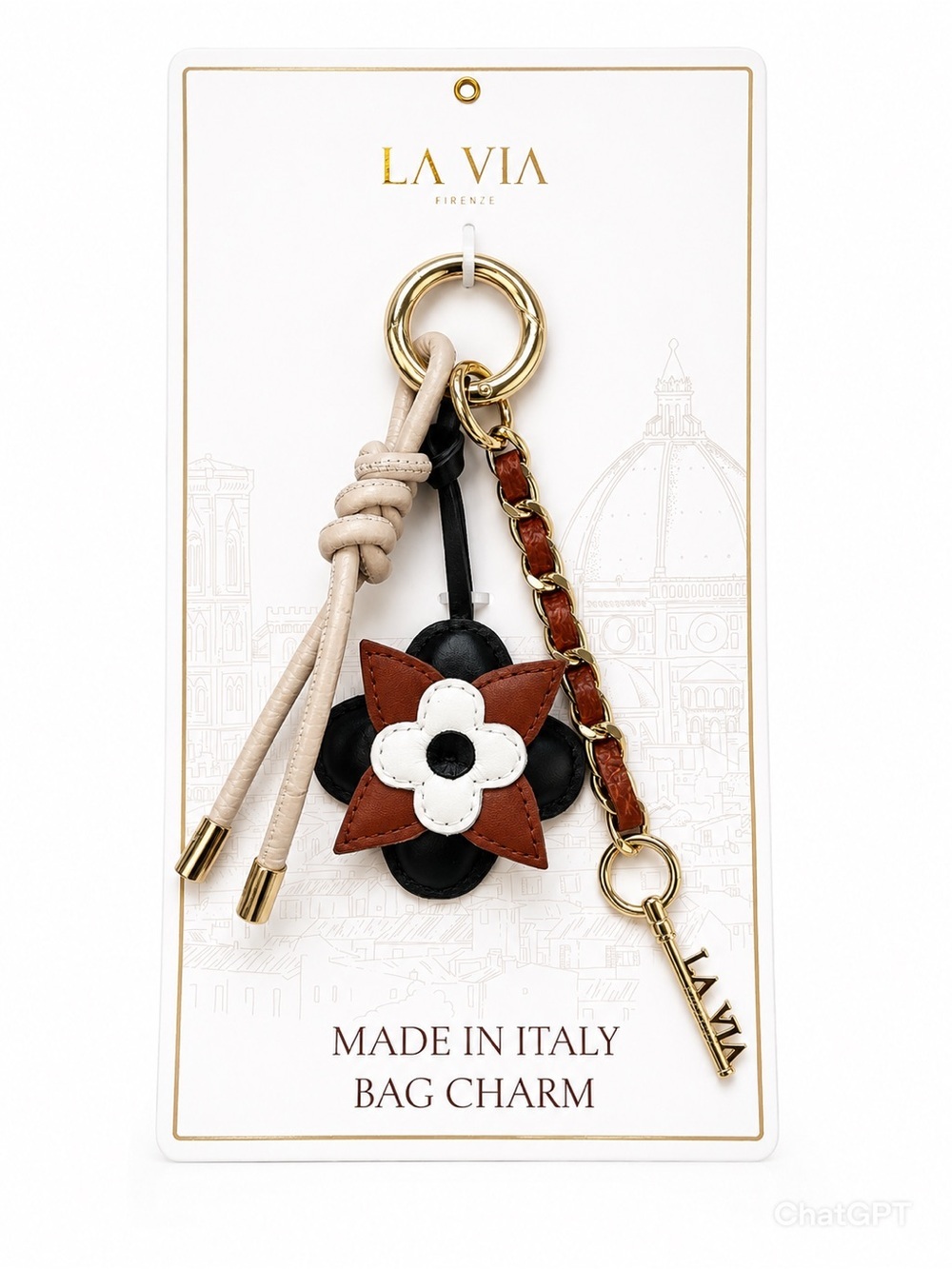 La Via Brown & Black Floral Leather Key & Bag Charm with Gold Accents